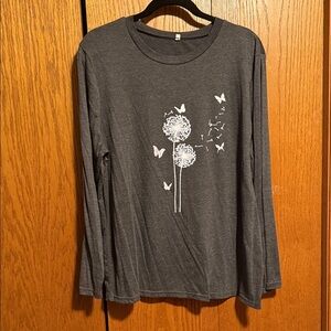 Gray Long Sleeve Shirt with Dandelion and Butterfly Design